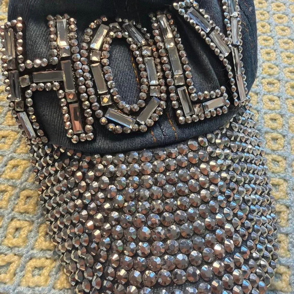 Y2K‎ Mcbling Distressed Denim Holy Crystal Rhinestone Baseball Cap Hat Navy Blue
